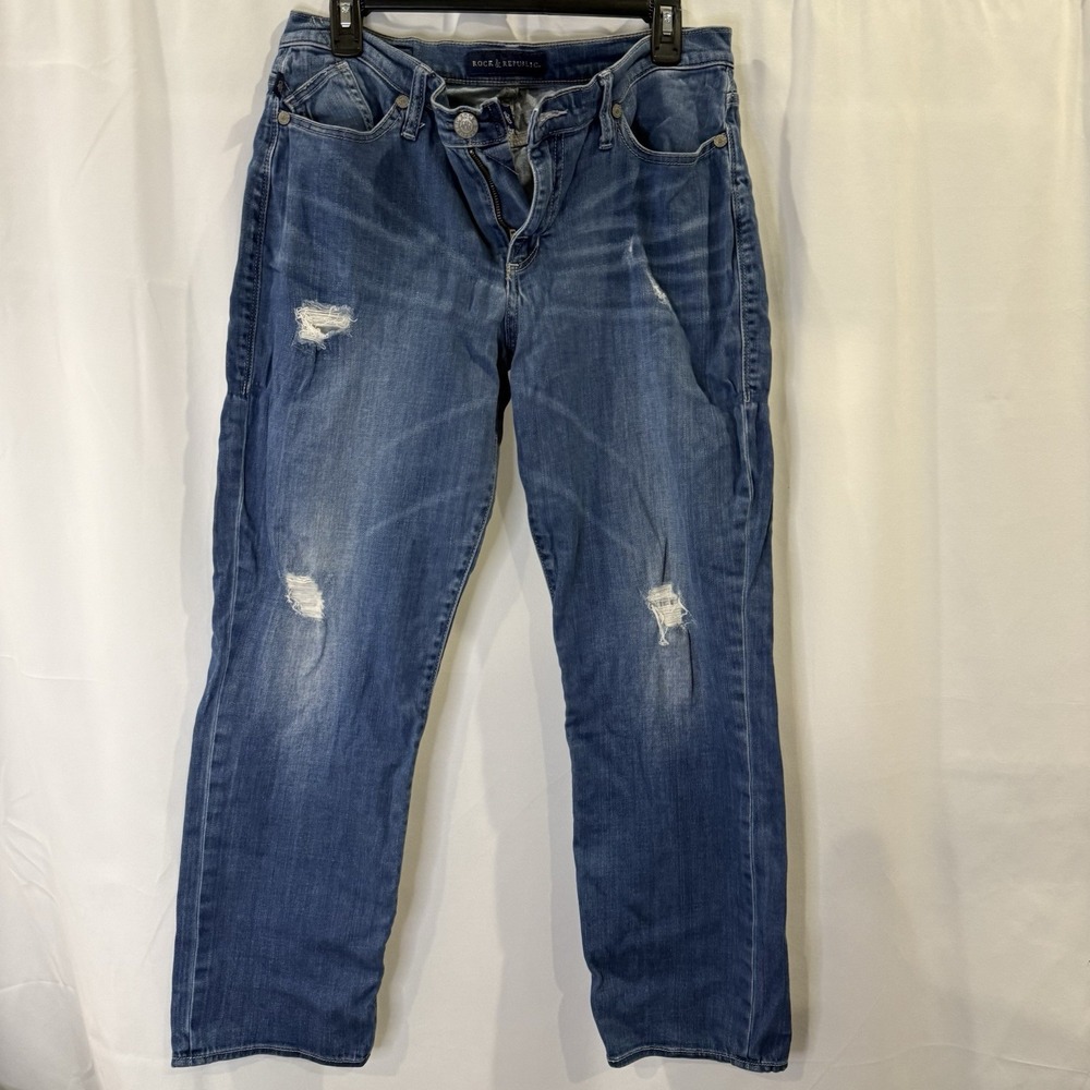 Rock & Republic INDEE Boyfriend Distressed Denim Jeans Womens Size 10 M W34x27L